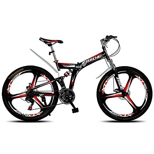 Folding Bike : Mountain Bike 26 Inch 21 / 24 / 27 / 30 Speed 3 Knife Folding Double Disc Brake Bicycle 2019 New Suitable for Adults-Black red_21 Speed