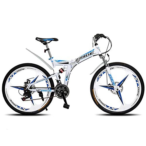 Folding Bike : Mountain Bike 26 Inch 21 / 24 / 27 / 30 Speed 3 Knife Folding Double Disc Brake Bicycle 2019 New Suitable for Adults-White Blue_21 Speed