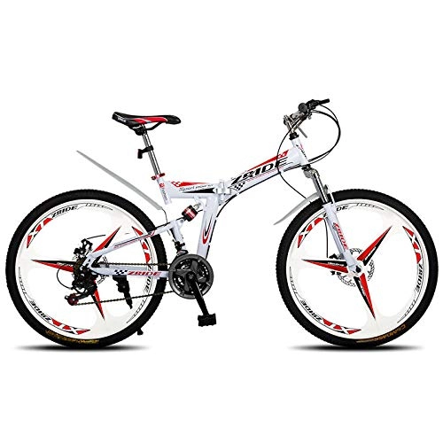 Folding Bike : Mountain Bike 26 Inch 21 / 24 / 27 / 30 Speed 3 Knife Folding Double Disc Brake Bicycle 2019 New Suitable for Adults-White red_24 Speed
