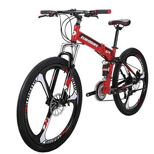 Folding Bike : Mountain Bike 26 inch 3 Spoke Folding Bike Unisex Full Suspension 16 inch Frame (red)