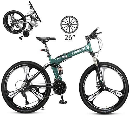 Folding Bike : Mountain Bike, 26In Foldable Trekking Bicycle Cross Trekking Bikes Unisex Outdoor Carbon Steel Bicycle Full Suspension MTB-26 inch / 24 speed_Green