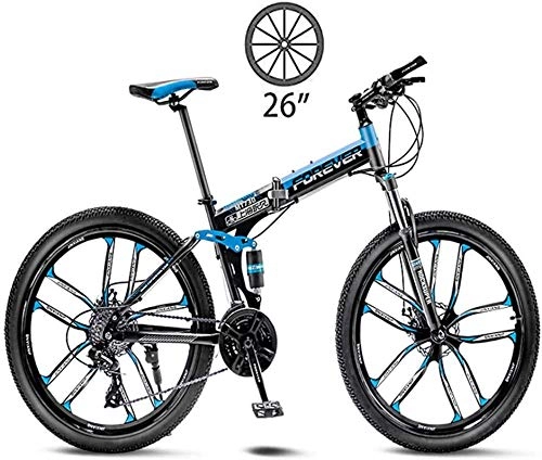 Folding Bike : Mountain Bike, 26In Foldable Trekking Bicycle Cross Trekking Bikes Unisex Outdoor Carbon Steel Bicycle Full Suspension MTB Double Disc Brake-21 speed_Blue