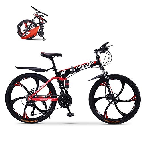 Folding Bike : Mountain Bike Adult 26 Inch 21 Speed Folding Bike Steel Frame Dual Disc Brake Folding Bike, with 6 Cutter Wheel, 21 Speed, Unisex, Front+Rear Mudgard, Suitable for Traveling in The Wild, Red