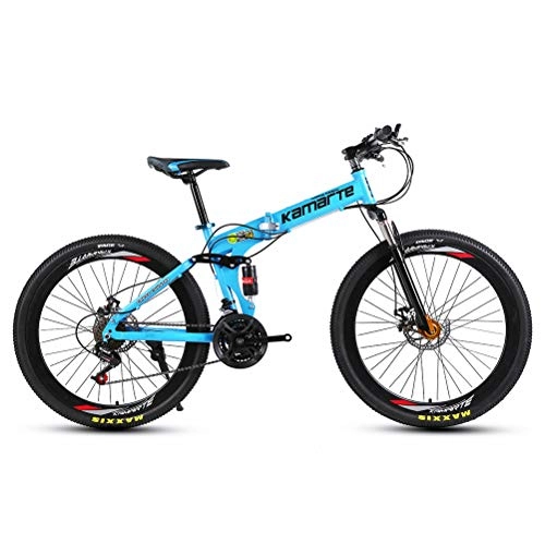 Folding Bike : Mountain Bike Bicycle 27 Speed 26 Inches Carbon Steel Wheels Dual Suspension Folding Bike, Blue
