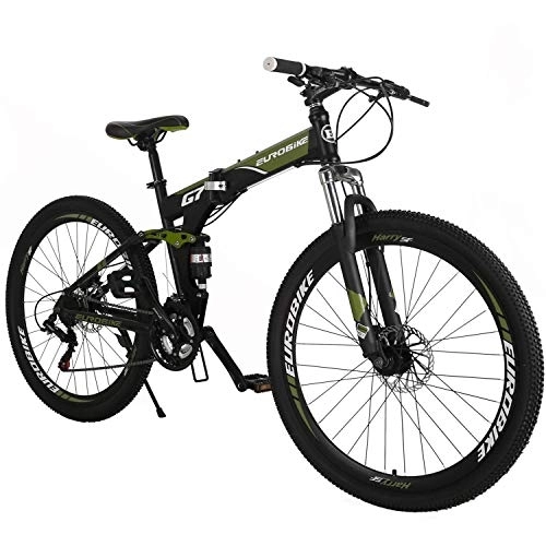 Folding Bike : Mountain Bike，Dual Suspension Folding Mountain Bikes, 21 Speed Foldable Frame, 27.5-inch full suspension Bicycle For Men or Women(Aluminum Wheels Green)