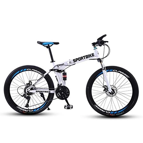 Folding Bike : Mountain Bike, Fold Hardtail Bicycles, Carbon Steel Frame, Dual Disc Brake and Double Suspension (Color : White, Size : 21 Speed)