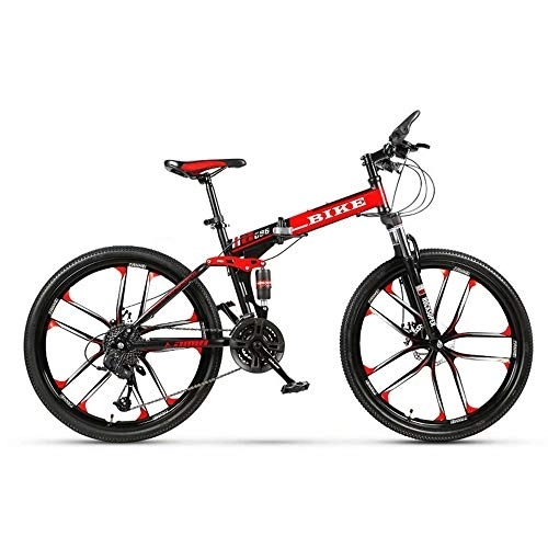 Folding Bike : Mountain Bike, Foldable MountainBike 24 / 26 Inches, MTB Bicycle with 10 Cutter Wheel, Black&Red