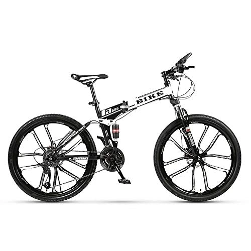 Folding Bike : Mountain Bike, Foldable MountainBike 24 / 26 Inches, MTB Bicycle with 10 Cutter Wheel, White