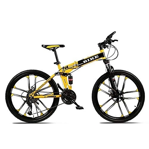 Folding Bike : Mountain Bike, Foldable MountainBike 24 / 26 Inches, MTB Bicycle with 10 Cutter Wheel, Yellow