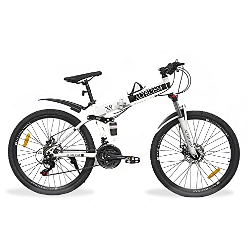 Folding Bike : Mountain Bike Folding Bicycle 26 Inch Disc Brake Shimano 21 Speed Transmission Full Suspension MTB For Women & Men(White)