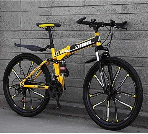 Folding Bike : Mountain Bike Folding Bikes, 26In 21-Speed Double Disc Brake Full Suspension Anti-Slip, Lightweight Aluminum Frame, Suspension Fork, Yellow, D 6-6 fengong