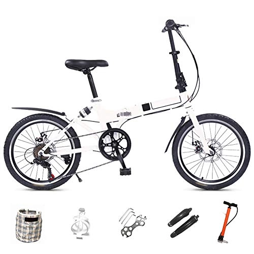 Folding Bike : Mountain Bike Folding Bikes, 7-Speed Double Disc Brake Full Suspension Bicycle, 20 Inchn City Commuter Bicycles for Men and Wome WM-LIHGT / White