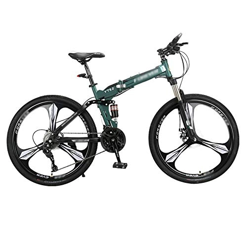 Folding Bike : Mountain Bike Folding Bikes for Adult with High Carbon Steel Frame, 26Inch 3 Spoke Wheels 24 Speed, Double Disc Brake And Dual Suspension Anti-Slip Bicycles, Green