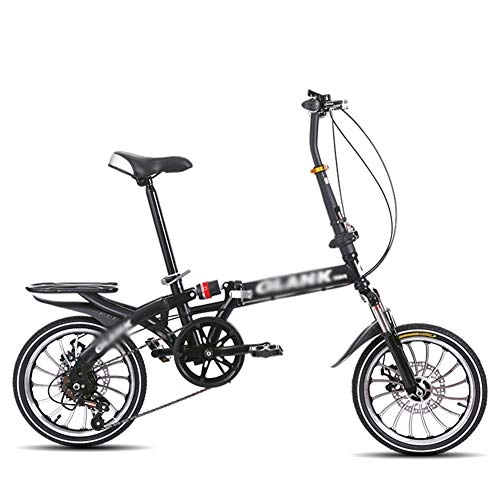 Folding Bike : Mountain Bike Folding Bikes with High Carbon Steel Frame, Featuring 16 Spoke Wheels And 6 Speed Shifter, Double Disc Brake Anti-Slip Bicycles (Black, 16 In)