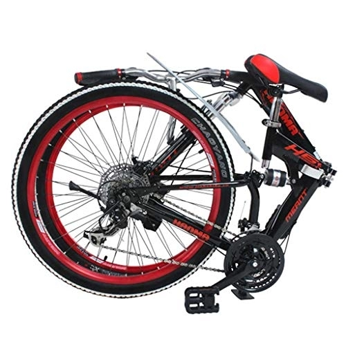 Folding Bike : Mountain Bike for Adult Men and Women, High Carbon Steel Dual Suspension Frame Mountain Bikes, 21 Speed Gears Folding Outroad Bike With 26 Inches (Color : Red, Size : 24inch)