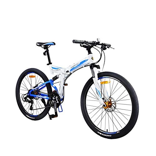 Folding Bike : Mountain Bike Variable Speed Off-Road Folding Double Shock Absorption Soft Tail Racing Aluminum Alloy-Blue_26*17(165-175cm)