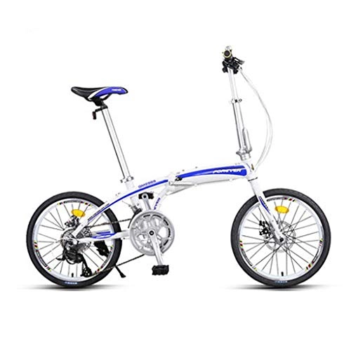 Folding Bike : Mountain Bikes Bicycle Folding Bicycle Shock Absorption City Car Portable Adult Student Bike 16 Speed Double Disc Brake 20 Inch (Color : White and blue, Size : 150 * 60 * 99cm)