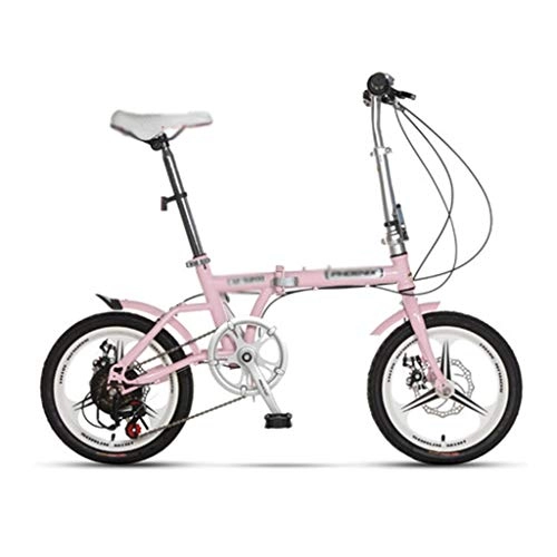 Folding Bike : Mountain Bikes Bicycle Folding Bicycle Variable Speed Shock Absorber Portable Urban Recreational Vehicle 16 Speed Double Disc Brake (Color : Pink, Size : 120 * 60 * 90 cm)