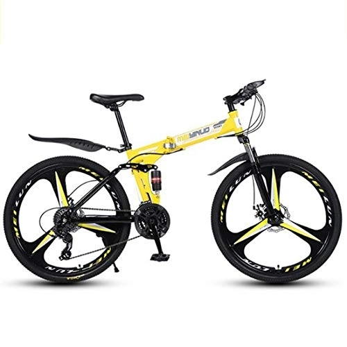 Folding Bike : Mountain Bikes, Foldable Hardtail Bicycles, Carbon Steel Frame, Dual Disc Brake and Double Suspension (Color : Yellow, Size : 21 Speed)
