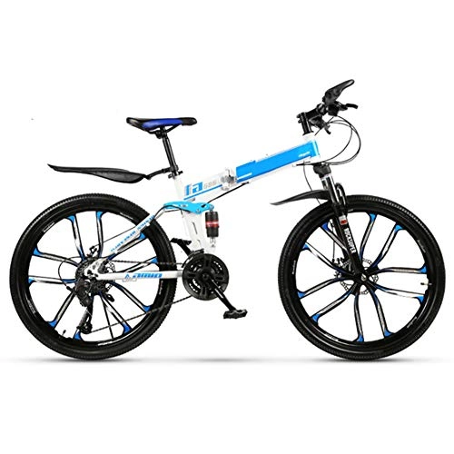 Folding Bike : Mountain Bikes, Folding High Carbon Steel Frame 24 Inch Variable Speed Double Shock Absorption Ten Cutter Wheels Foldable Bicycle, for Height 145-185Cm, Blue, 27 speed