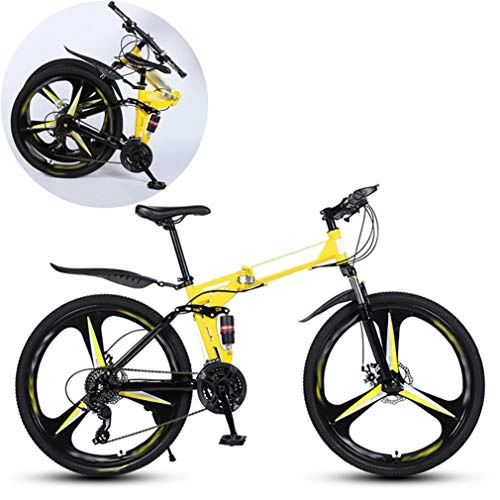 Folding Bike : Mountain Bikes, Folding High Carbon Steel Frame 26 Inch Variable Speed Double Shock Absorption Three Cutter Wheels Foldable Bicycle, Suitable for People with A Height of 160-185Cm, Yellow, 21 speed