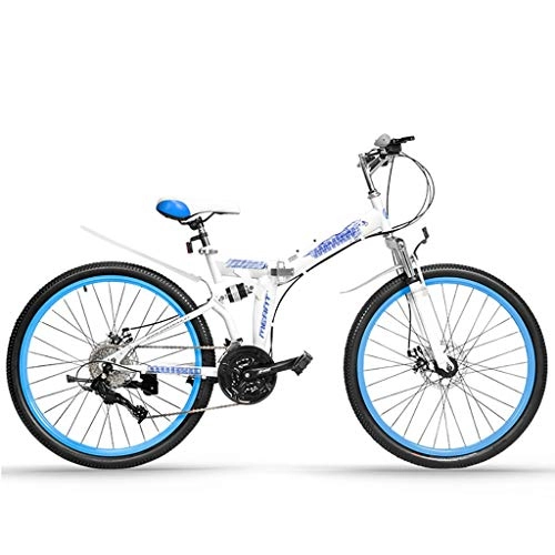 Folding Bike : Mountain Bikes Folding Unisex Variable Speed Bicycle, Double Shock Absorption and Double Disc Brake, Suitable for Wasteland, Road (Color : White blue, Size : 24 inch)