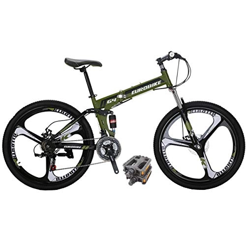 Folding Bike : Mountain Bikes HYG4 26 Inch 3 Spoke Wheels 21 Speed Folding Mountain Bike Dual Suspension Bicycle Amygreen