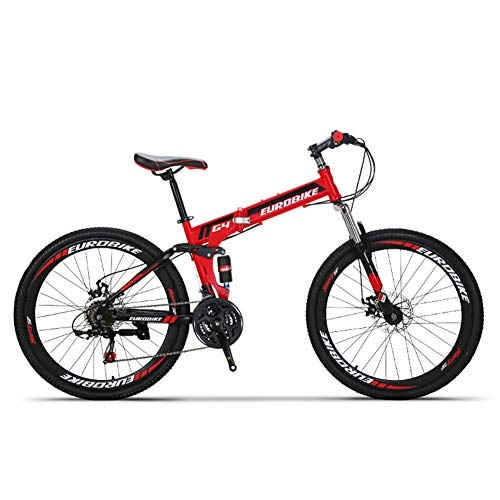 Folding Bike : Mountain Folding Bicycle, 26" Front And Rear Mechanical Disc Brakes High Carbon Steel Frame Bicycle 21 Speed Double Suspension 4 Link Folding Shock Absorber Student Off Road Bicycle, Red