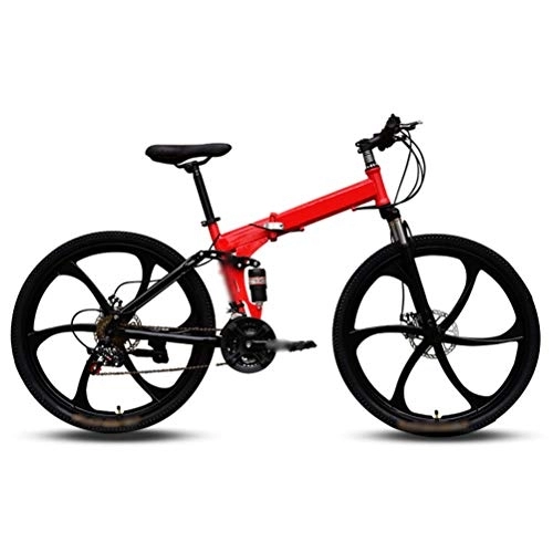 Folding Bike : Mountain Folding Bike, Six-Cutter Wheel 26 Inch 21-Speed Top with Variable Speed Double Shock Absorber Bicyclemountain Folding Bike Fast Folding, Easy To Carry, Thickened Tubing, Red