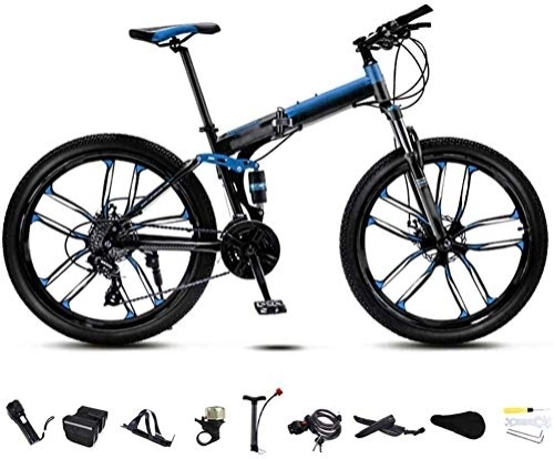 Folding Bike : MQJ 24 inch MTB Bicycle Unisex Folding Commuter Bike 30-Speed Gears Foldable Mountain Bike Off-Road Variable Speed Bikes for Men and Women Double Disc Brake / Blue-Blue, 21 Speed