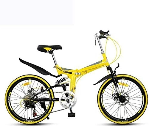Folding Bike : MQJ Folding Mountain Bicycle Bike Adult Lightweight Unise City Bike 22-Inch Wheels Aluminium Frame Ladies Shopper Bike with Adjustable Seat 7 Speed Disc Brake, Yellow