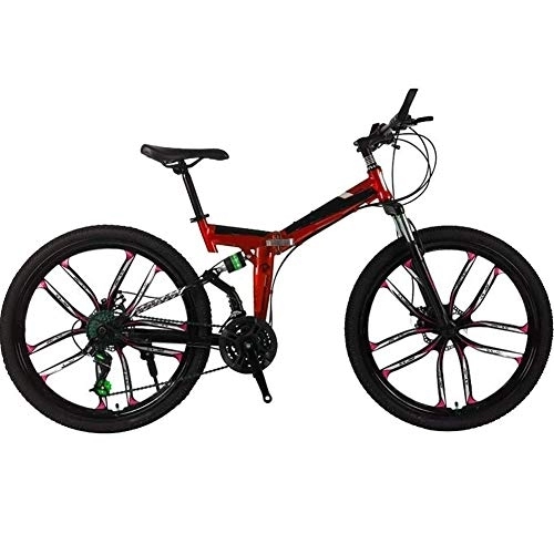 Folding Bike : Mrzyzy Mountain Bike Folding Bikes, 26Inch 21-Speed Mountain Bike for Adult, Double Disc Brake Full Suspension Anti-Slip, Suspension Fork, Lightweight Aluminum Frame (Color : Red, Size : 21 SPEED)