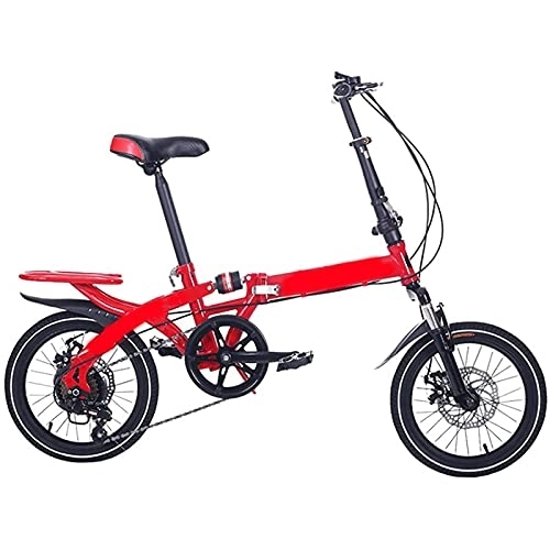 Folding Bike : MXCYSJX 14 / 16Iinch Foldable Bicycle, Variable Speed Portable Double Disc Brake Lightweight Folding Bike for Adult Student Children, 6-Speed Folding Bicycle High Carbon Steel Material, Red, 16 inch