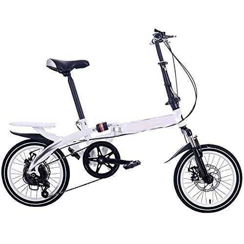 Folding Bike : MXCYSJX 14 / 16Iinch Foldable Bicycle, Variable Speed Portable Double Disc Brake Lightweight Folding Bike for Adult Student Children, 6-Speed Folding Bicycle High Carbon Steel Material, White, 14 inch