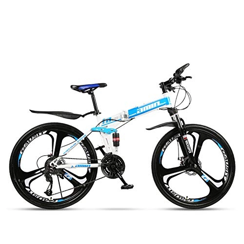 Folding Bike : MYRCLMY Full Suspension Mountain Bike 21 Speed / 24 Speed / 27 Speed / 30 Speed Folding Bike Non-Slip Bike Folding Mountain Bike Bicycle Variable Speed Double Disc Brake Adult Bicycle, Blue, 21 speed