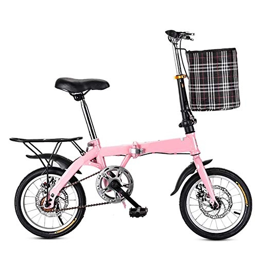 Folding Bike : MYRCLMY Small Foldable Bicycle Folding Carbon Steel Material To Work Student To School Bicycle Single Speed Disc Brake with Rear Seat And Basket, Pink, 16inch