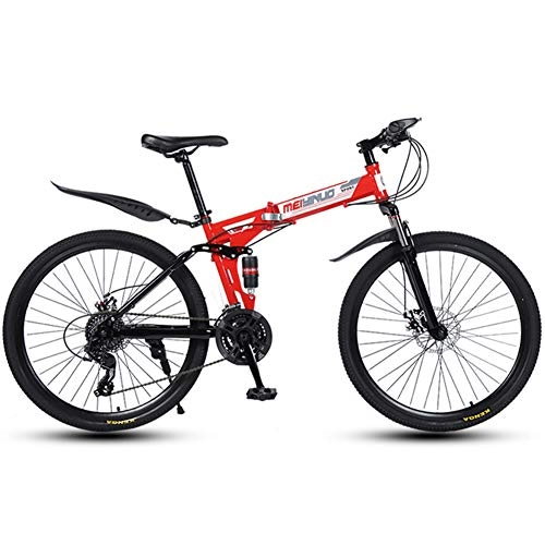 Folding Bike : MYRCLMY Variable Speed Folding Bicycle, 30 Spoke Wheel, 26 Inch Lightweight Folding Bike, Adult Mountain Bikes, Dual Suspension MTB Bikes, Mountain Trail Bike Urban Track Bike Non-Slip Bike, Red, 21 speed
