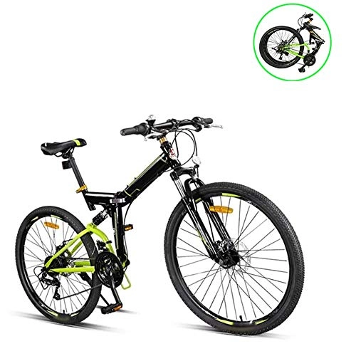 Folding Bike : MYSZCWCF Lightweight Folding 26-inch Mountain Bike, Adult Carbon Steel Men's Cross-country Bike, 24-speed Full Suspension Double Disc Brakes for Students (Color : Green)