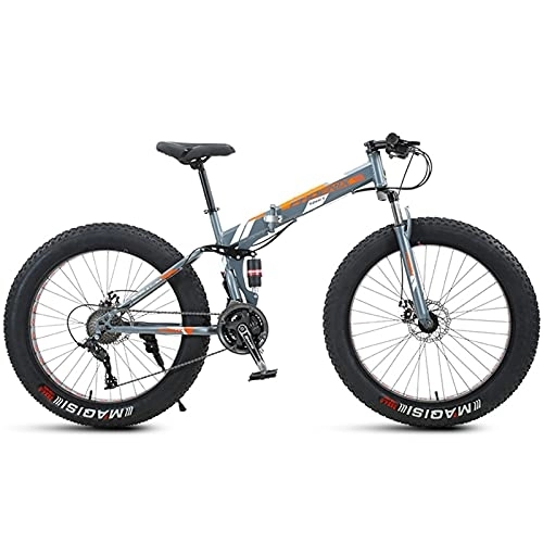 Folding Bike : NENGGE 24 Inch Mountain Bike Fat Tire, Domineering Mens Women Foldable Beach Snow Mountain Bicycle, 4-Inch Wide Knobby Tires Outdoor Cycling Road Bike, Dual-Suspension, Orange, 21 Speed