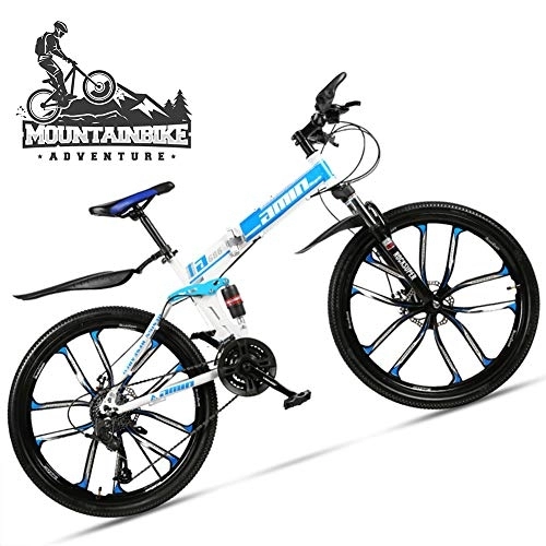 Folding Bike : NENGGE 24 Inch Mountain Bike for Adult Men Women, All Terrain Off-Road Foldable Mountain Bicycle with Dual Suspension & Disc Brake, Adjustable Seat & High Carbon Steel Frame, 10 Spoke Blue, 27 Speed