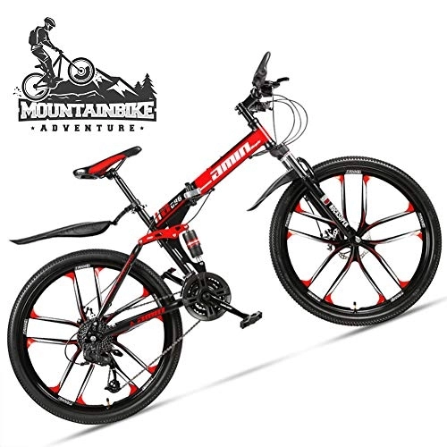 Folding Bike : NENGGE 24 Inch Mountain Bike for Adult Men Women, All Terrain Off-Road Foldable Mountain Bicycle with Dual Suspension & Disc Brake, Adjustable Seat & High Carbon Steel Frame, 10 Spoke Red, 30 Speed