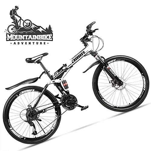 Folding Bike : NENGGE 24 Inch Mountain Bike for Adult Men Women, All Terrain Off-Road Foldable Mountain Bicycle with Dual Suspension & Disc Brake, Adjustable Seat & High Carbon Steel Frame, Spoke White, 24 Speed