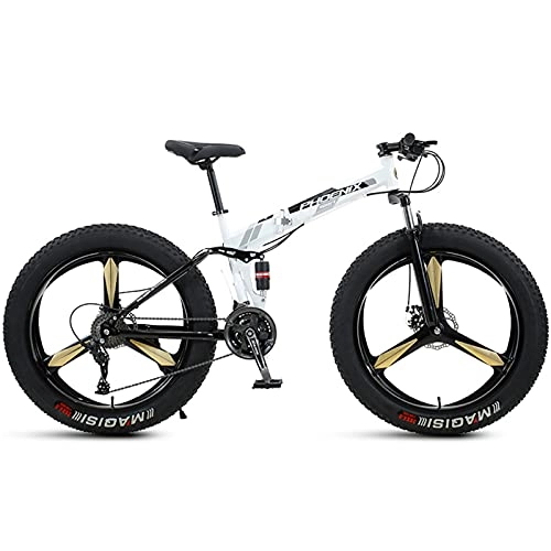 Folding Bike : NENGGE 26 Inch Mountain Bike Fat Tire, Domineering Mens Women Foldable Beach Snow Mountain Bicycle, 4-Inch Wide Knobby Tires Outdoor Cycling Road Bike, Dual-Suspension, White 3 Spoke, 30 Speed
