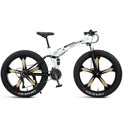 Folding Bike : NENGGE 26 Inch Mountain Bike Fat Tire, Domineering Mens Women Foldable Beach Snow Mountain Bicycle, 4-Inch Wide Knobby Tires Outdoor Cycling Road Bike, Dual-Suspension, White 5 Spoke, 27 Speed