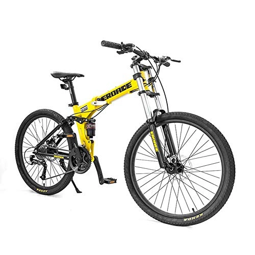 Folding Bike : NENGGE 26 Inch Mountain Bikes, 27-Speed Dual-Suspension Mountain Bike, Aluminum Frame Bicycle, Men's Womens Adjustable Seat Alpine Bicycle, Yellow, Foldable
