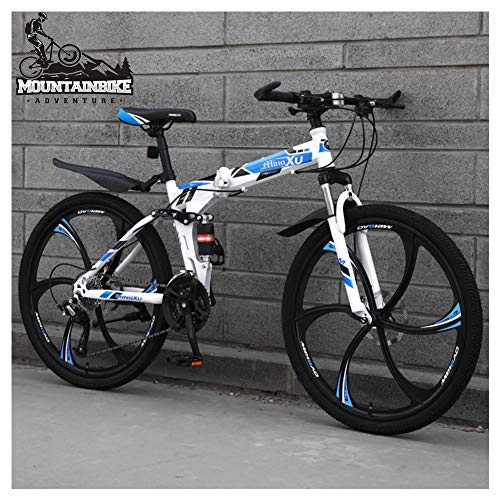Folding Bike : NENGGE 26 Inch Mountain Trail Bike for Adults Men and Women, Dual Suspension Mountain Bicycle with Disc Brakes, Foldable High Carbon Steel Frame, Adjustable Seat, Blue 6 Spoke, 21 Speed