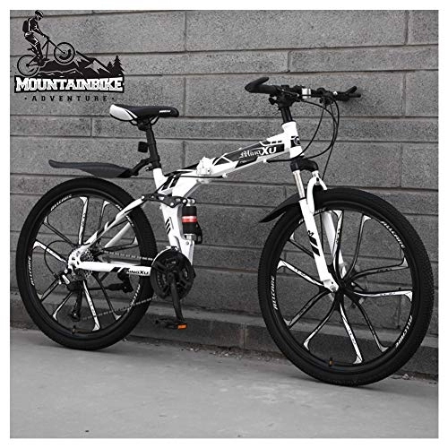 Folding Bike : NENGGE 26 Inch Mountain Trail Bike for Adults Men and Women, Dual Suspension Mountain Bicycle with Disc Brakes, Foldable High Carbon Steel Frame, Adjustable Seat, White 10 Spoke, 27 Speed