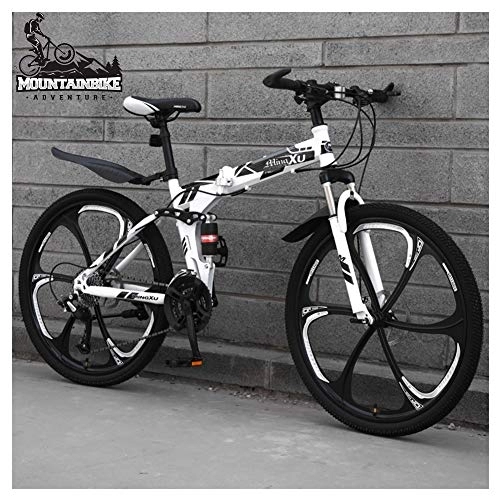 Folding Bike : NENGGE 26 Inch Mountain Trail Bike for Adults Men and Women, Dual Suspension Mountain Bicycle with Disc Brakes, Foldable High Carbon Steel Frame, Adjustable Seat, White 6 Spoke, 27 Speed