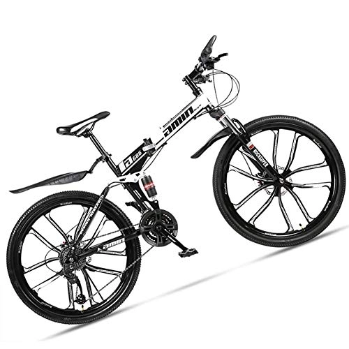 Folding Bike : NENGGE Dual-Suspension Foldable Mountain Bike 26 Inch for Adult Men and Women, Boy Girl Off-Road Mountain Bicycle with Disc Brake, High Carbon Steel Frame & Adjustable Seat, 10 Spoke White, 30 Speed