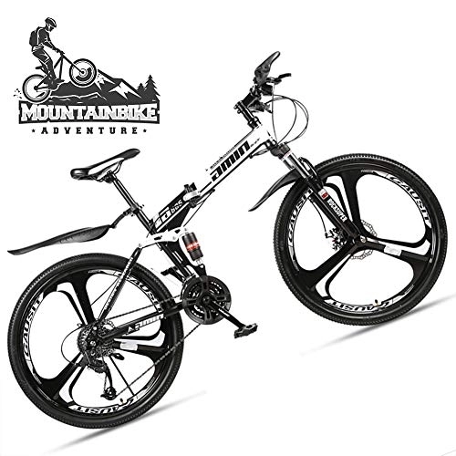 Folding Bike : NENGGE Dual-Suspension Foldable Mountain Bike 26 Inch for Adult Men and Women, Boy Girl Off-Road Mountain Bicycle with Disc Brake, High Carbon Steel Frame & Adjustable Seat, 3 Spoke White 1, 30 Speed